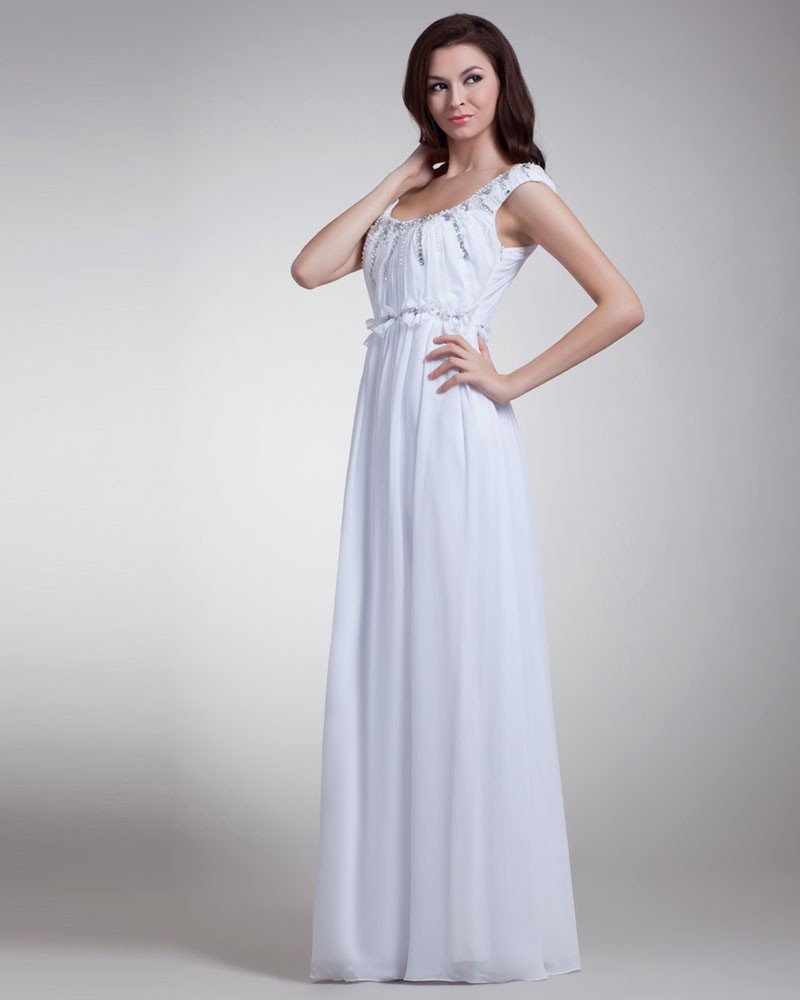 Off Shoulder Beading Pleated Floor Length Chiffon Evening Dress