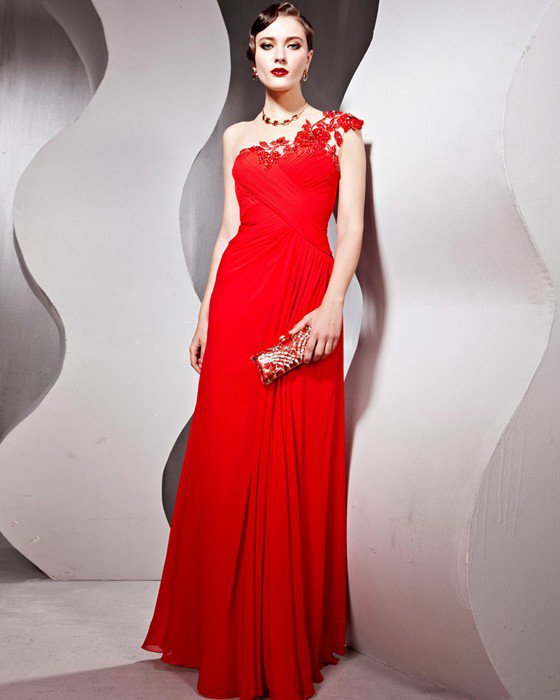 Tencel Tulle Charmeuse Beading One Shoulder Embroidery Floor Length Evening Dresses