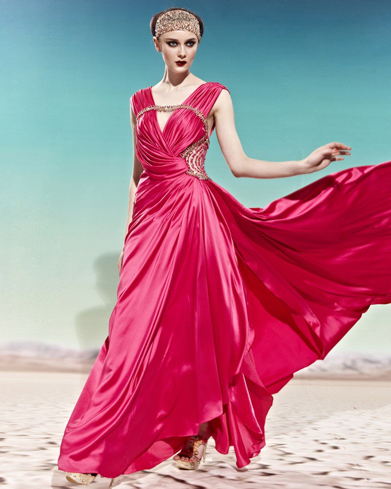 V Neck Beading Sleeveless Back Crossed Belt Floor Length Charmeuse Woman Evening Dress