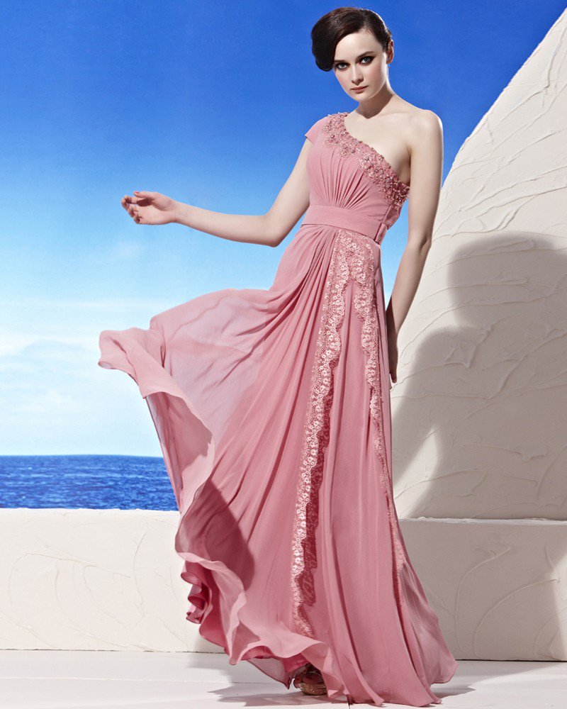 Asymmetrical Neckline Lace Beading Floor Length Composite Filament Empire Woman Evening Dress