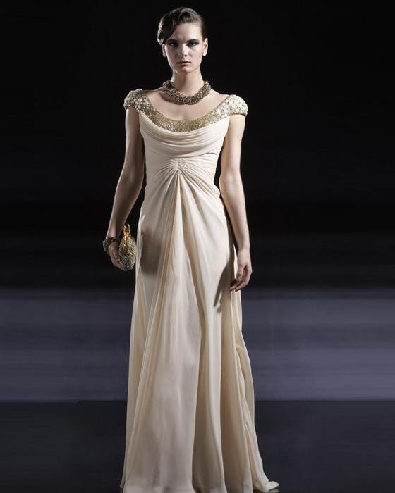 Chiffon Charmeuse Beading Round Neck Floor Length Evening Dress