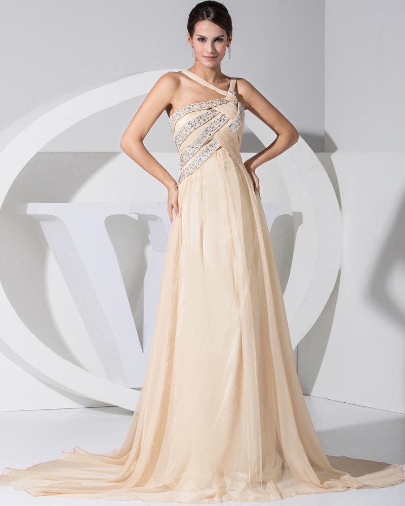 Chiffon Beading Spaghetti Straps Beading Backless Sleeveless Court Train Pleated Celebrity Dress