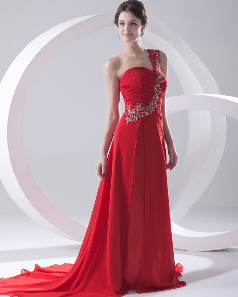 Fashion Chiffon Pleated Applique One Shoulder Sleeveless Floor Length Evening Dress