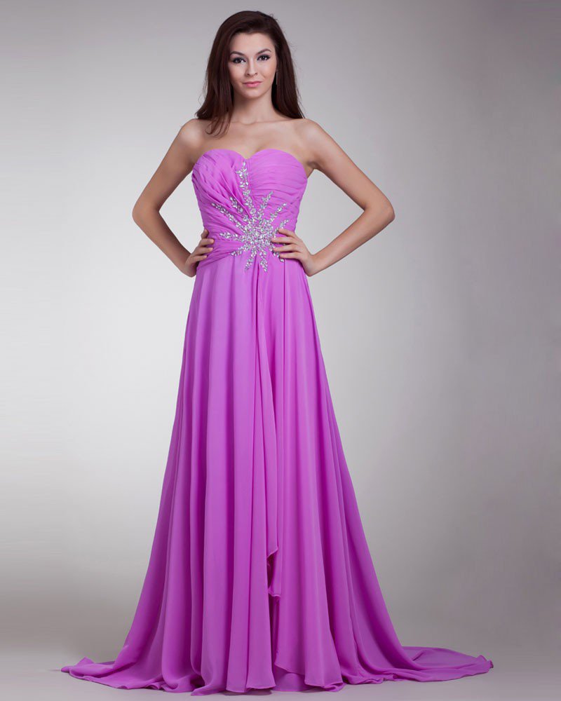 Sweetheart Beading Pleated Floor Length Chiffon Evening Dress