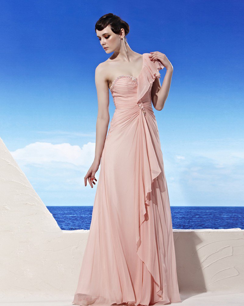 Sweetheart Neck One Shoulder Puff Sleeve Beading Zipper Floor Length Tencel Woman Evening Dresses