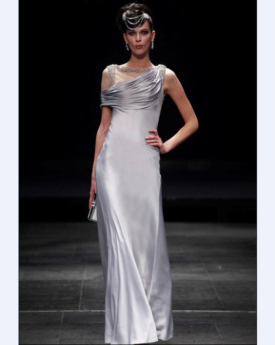 Empire Asymmetrical Neckline Floor Length Bead Satin Imitated Silk Evening Dresses