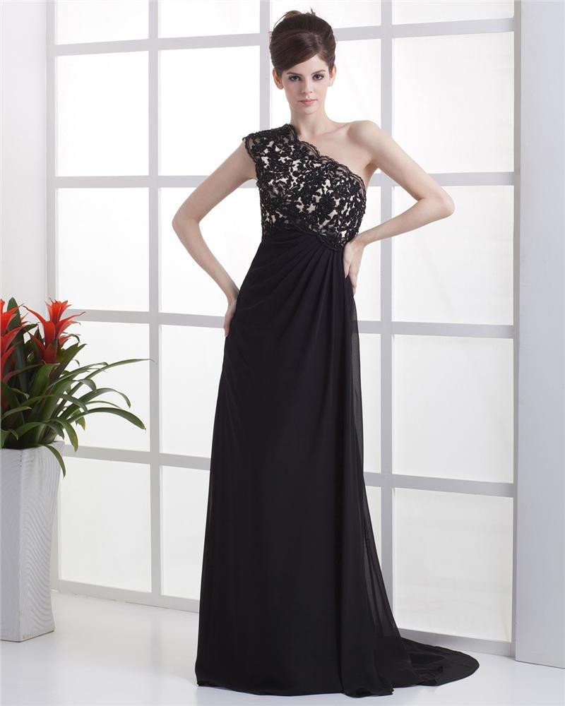 Empire One Shoulder Floor Length Chiffon Beading Ruffle Applique Women's Evening Dress