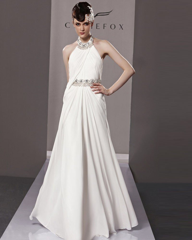 Slim Halter Floor Length Beading Chiffon Charmeuse Evening Dress