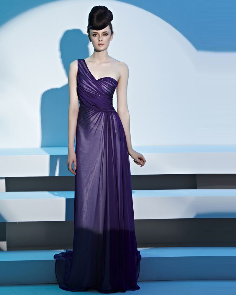 One Shoulder Beading Pleated Tencel Floor Length Women Evening Dress