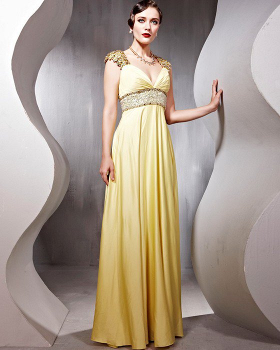 Silk Tulle Beading V Neck Floor Length Evening Dresses