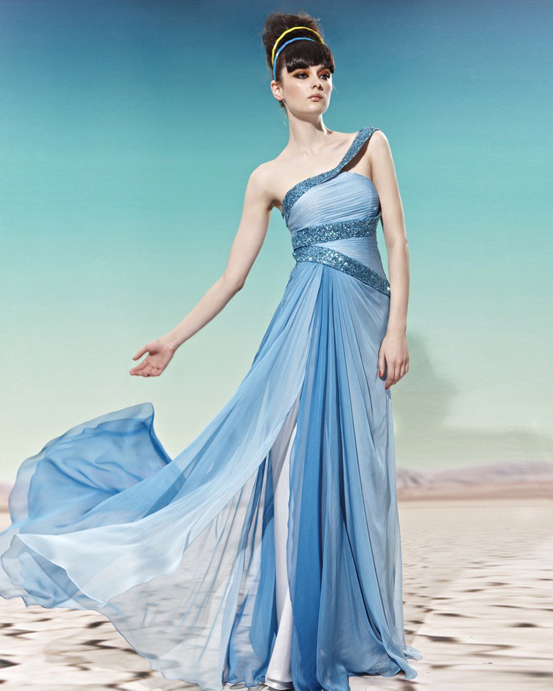 One Shoulder Sequin Sleeveless Backless Floor Length Tencel Woman Evening Dresses