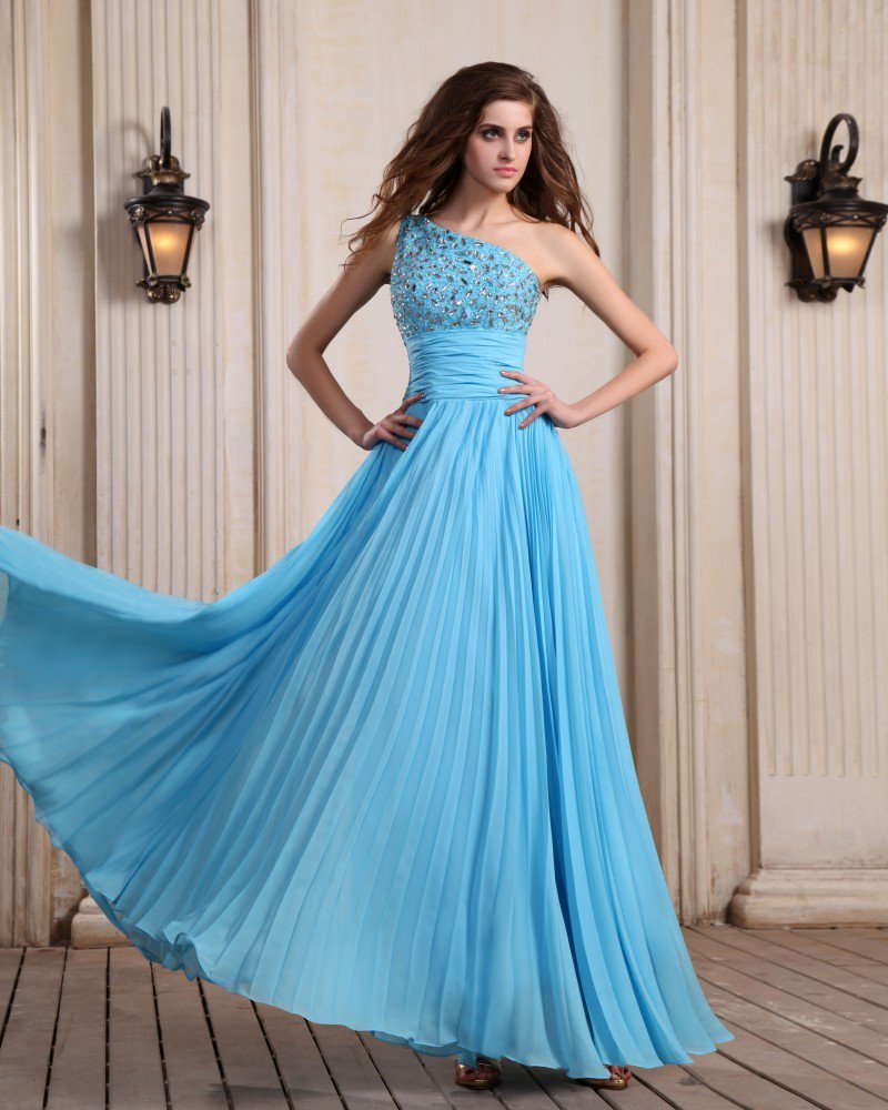 Sleeveless Chiffon Beading Ruffles One Shoulder Floor Length Blue Evening Dresses