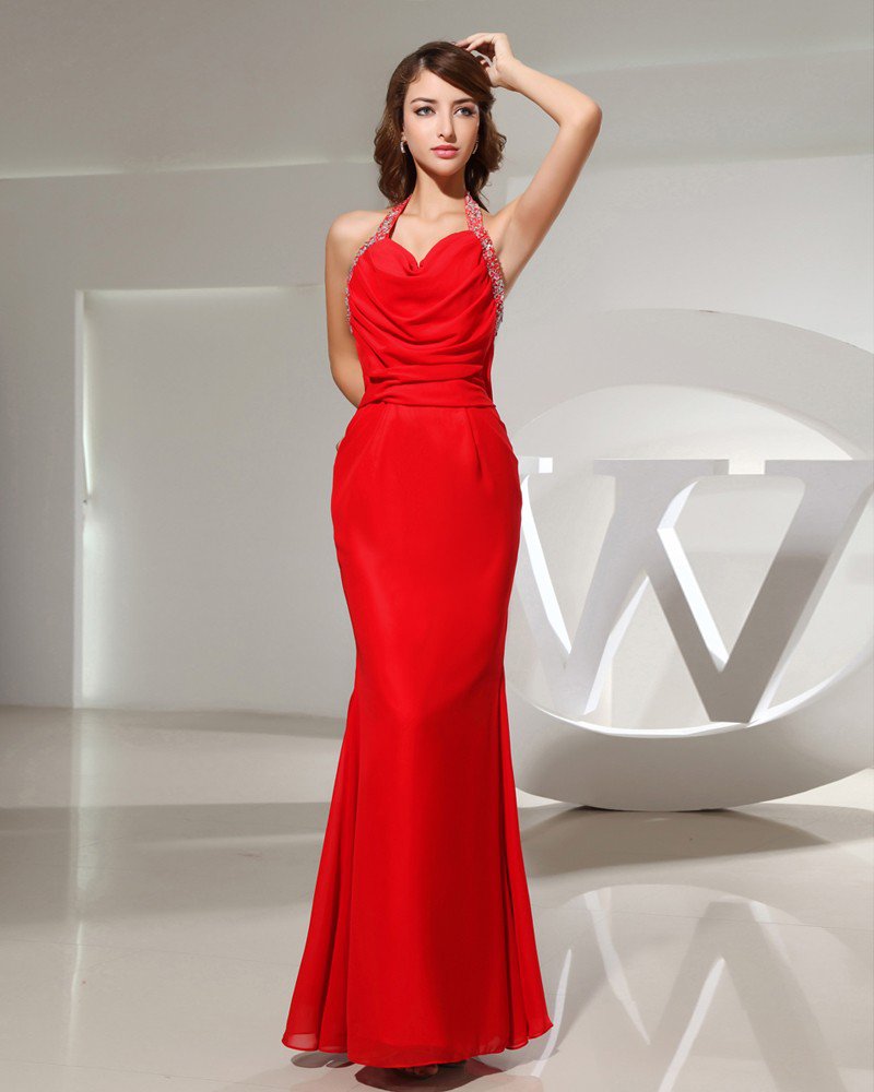 Halter Neckline Floor Length Sleeveless Pleated Beading Chiffon Mermaid Woman Evening Dress