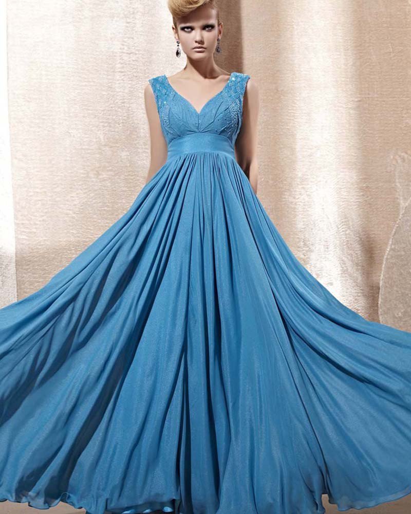 V Neck Beading Ruffle Sleeveless Zipper Floor Length Chiffon Woman Evening Dress