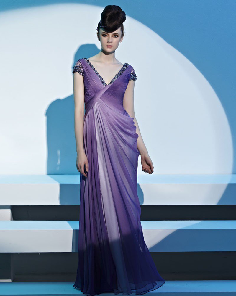 V Neck Beading Ruffle Sleeveless Backless Floor Length Tencel Woman Evening Dresses