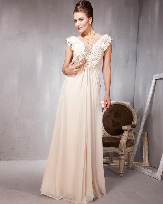 Lace Chiffon Charmeuse Beading V Neck Floor Length Evening Dresses