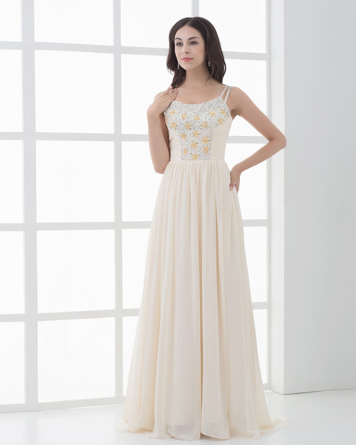 Chiffon Beading Spaghetti Straps Sweep Floor Fength Prom Dresses