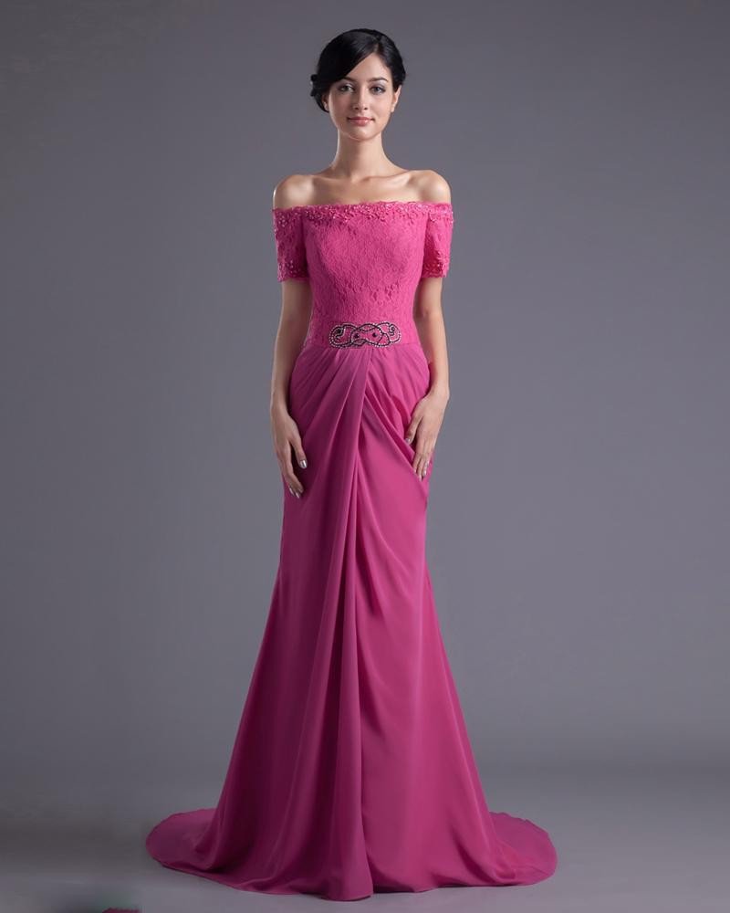 Fashion Chiffon Lace Beaded Off-Shoulder Floor Length Celebrity Dress