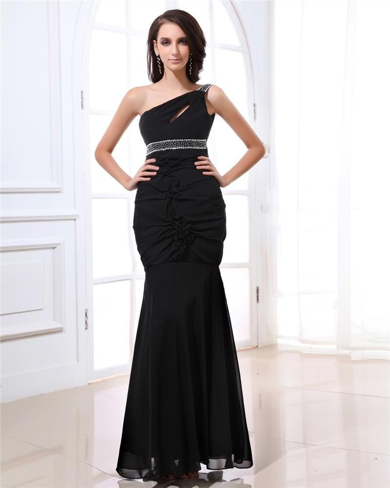 Stylish One Shoulder Beading Ruffle Ankle Length Chiffon Evening Dresses
