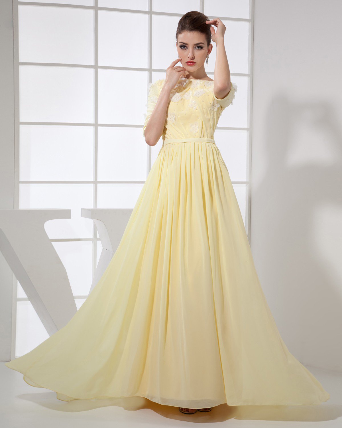 Jewel Short sleeve Backless Floor Length Applique Chiffon Silk Woman Evening Dress