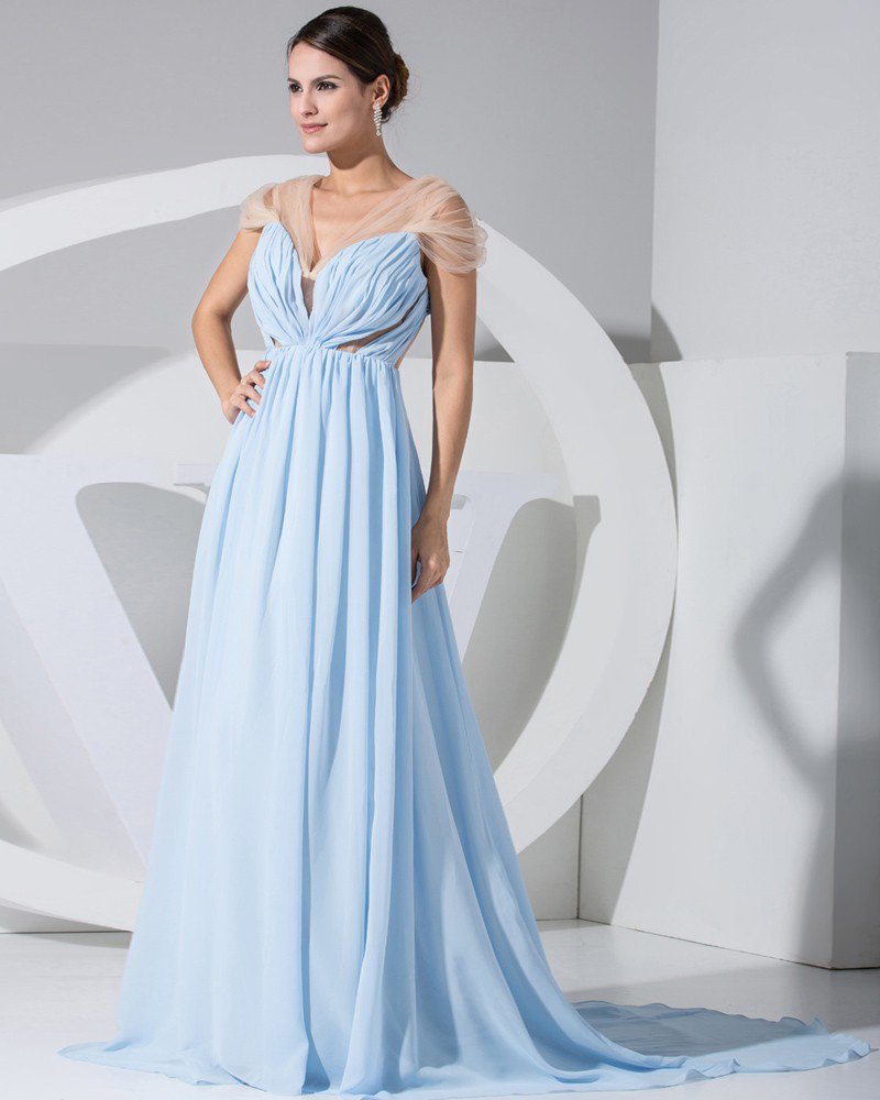 Fashion Chiffon Charmeuse Silk Ruffle Court Train V-Neck Short Sleeve Women Evening Dress