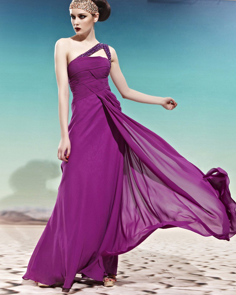 Strapless One Shoulder Beading Decorated Sleeveless Backless Floor Length Charmeuse Woman Evening Dr