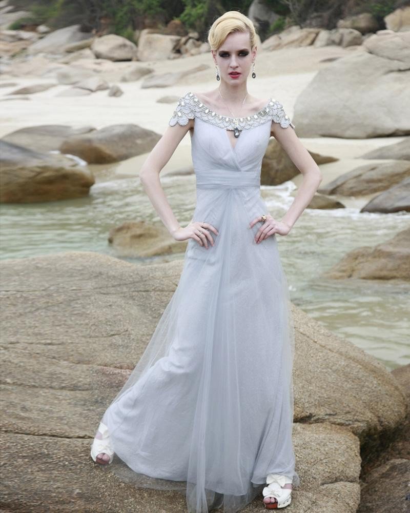 Charmeuse Rhinestone Mesh Beading Ruffle Off-the-shoulder Ankle Length Evening Dresses