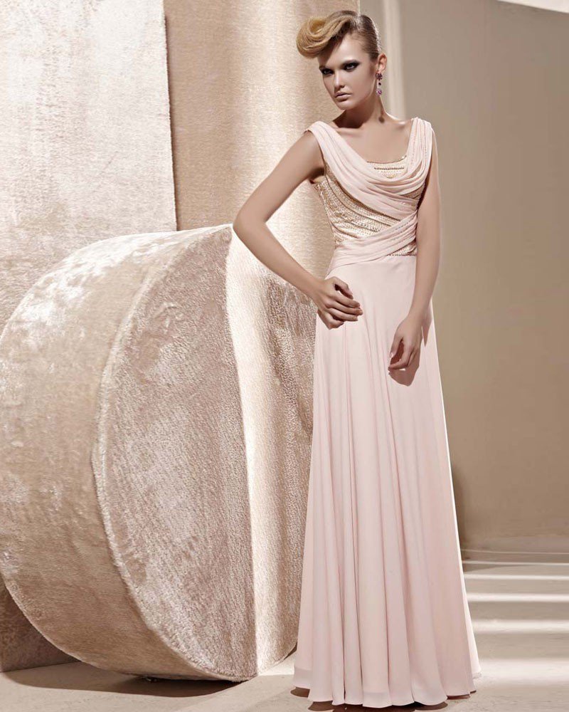 U Shaped Neck Beading Sleeveless Backless Floor Length Tencel Woman Evening Dress