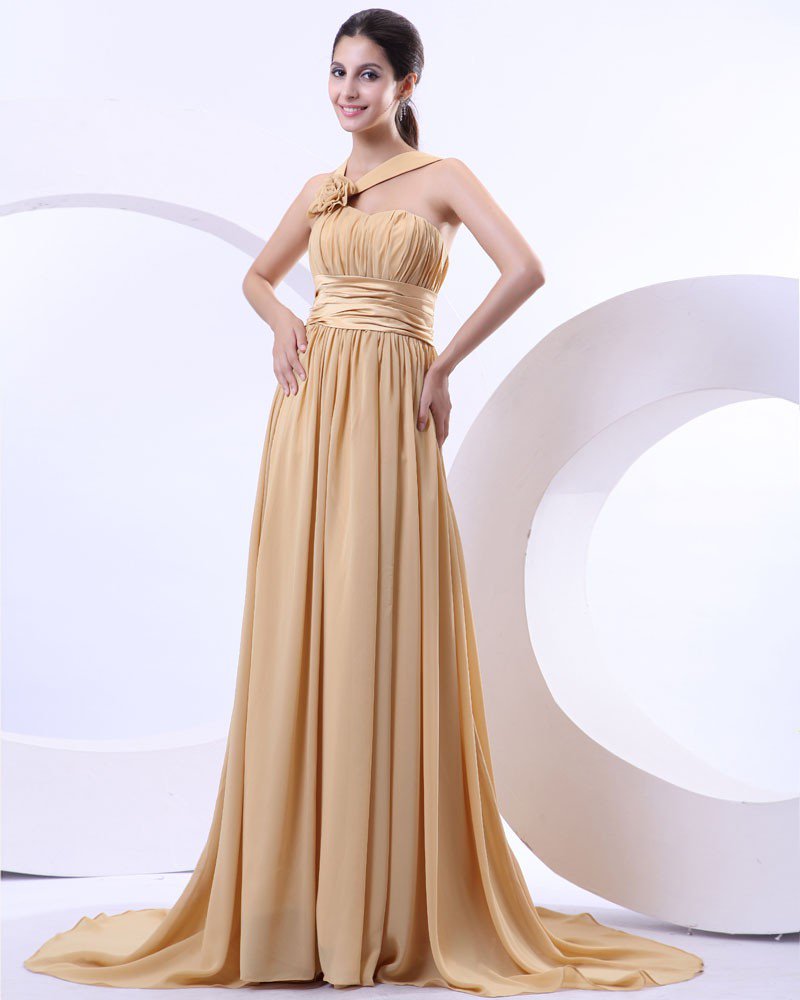 One Shoulder Ruffle Flower Chiffon Floor Length Women Evening Dresses