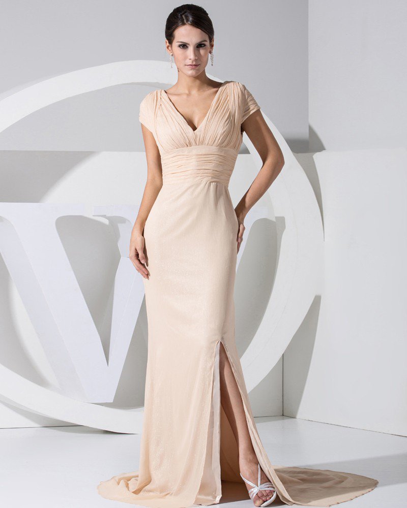 Fashion Chiffon Charmeuse Satin Pleated Slim Court Train V-Neck Short Sleeve Women Evening Dress