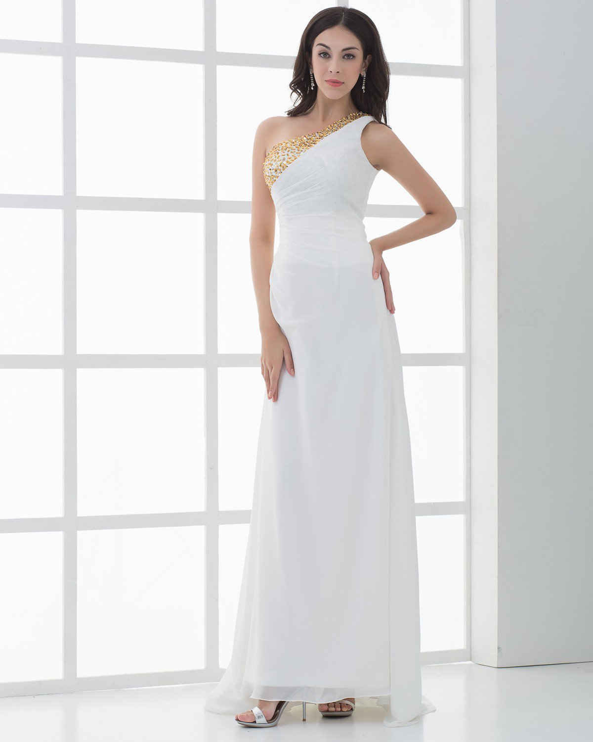 Chiffon Applique Beads One Shoulder Floor Length Prom Dress