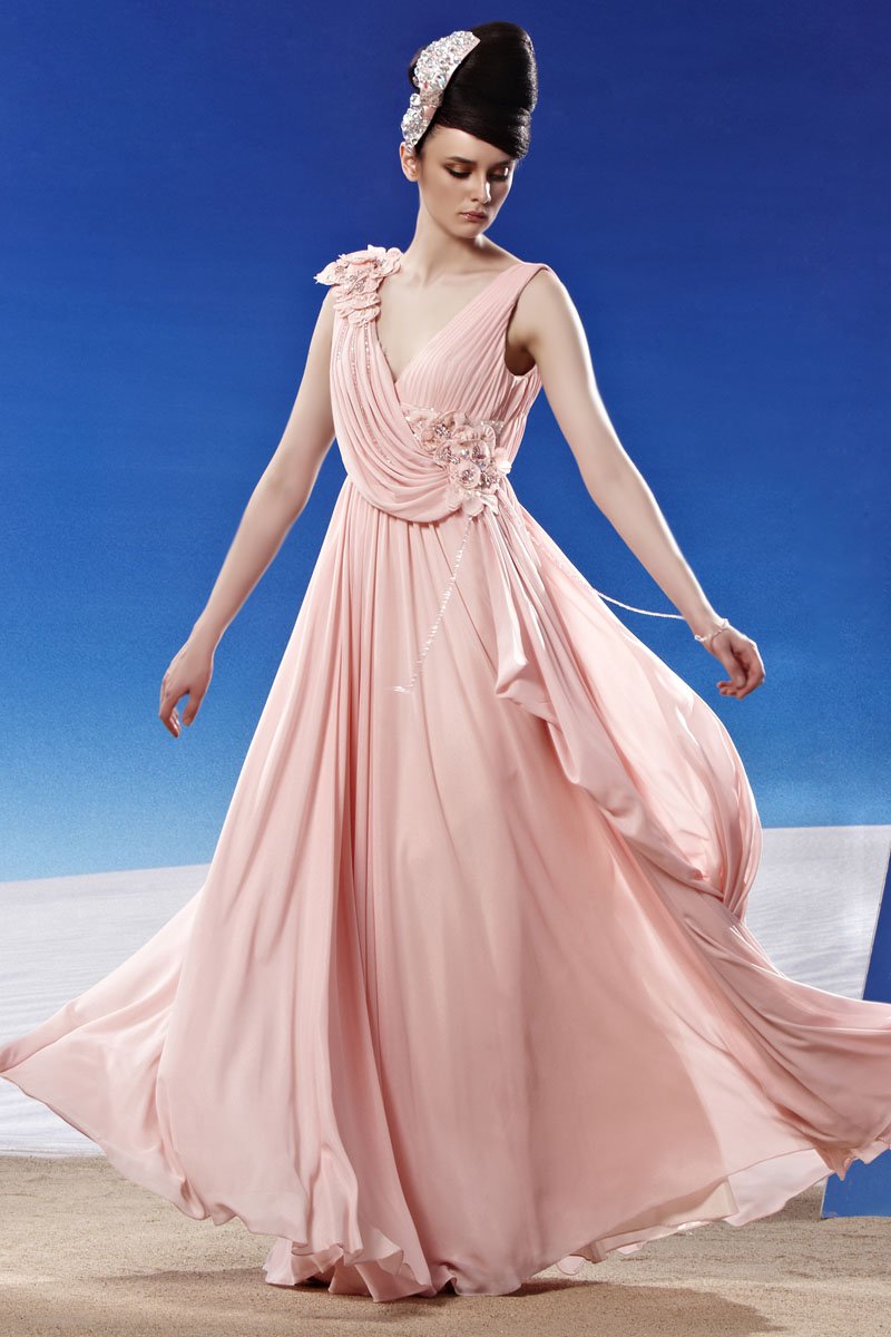 V Neck Flower Ruffle Sleeveless Backless Floor Length Chiffon Woman Evening Dress