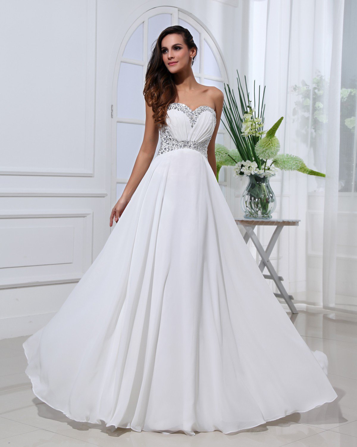 Sexy Ruffle Beading Chiffon Sweetheart Floor Length Evening Dresses