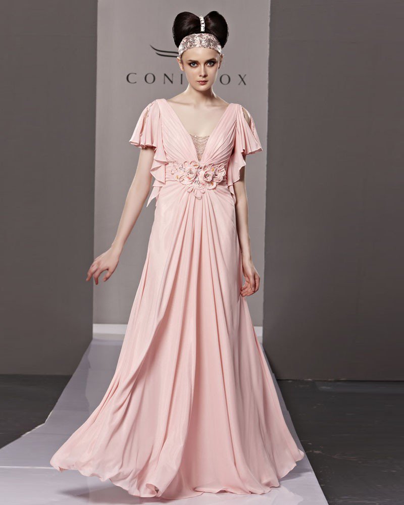 V Neck Flower Ruffle Short Sleeve Zipper Floor Length Chiffon Woman Evening Dress