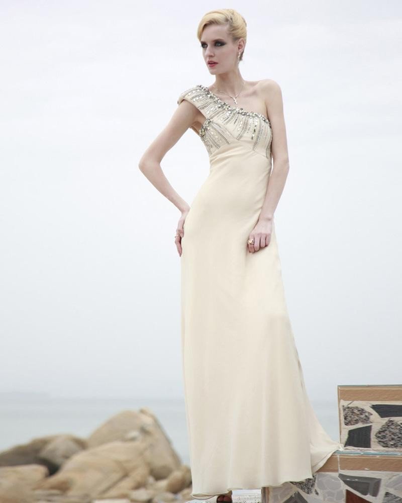 Charmeuse Silk Beading One Shoulder Ankle Length Evening Dresses