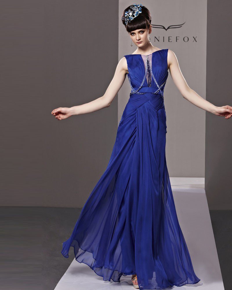 Bateau Pleated Beading Floor Length Tencel Woman Evening Dress