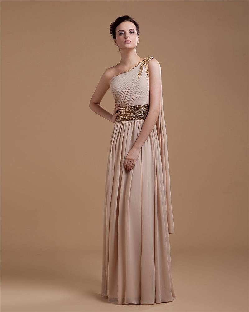 Chiffon Ruffle Beading Sloping Floor Length Prom Dresses
