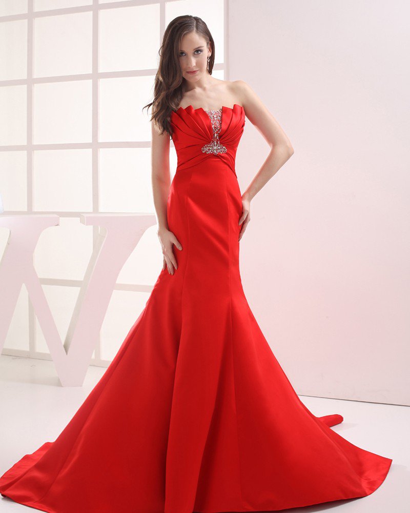 Fashion Satin Pleated Beading Strapless Floor Length Evening Dress
