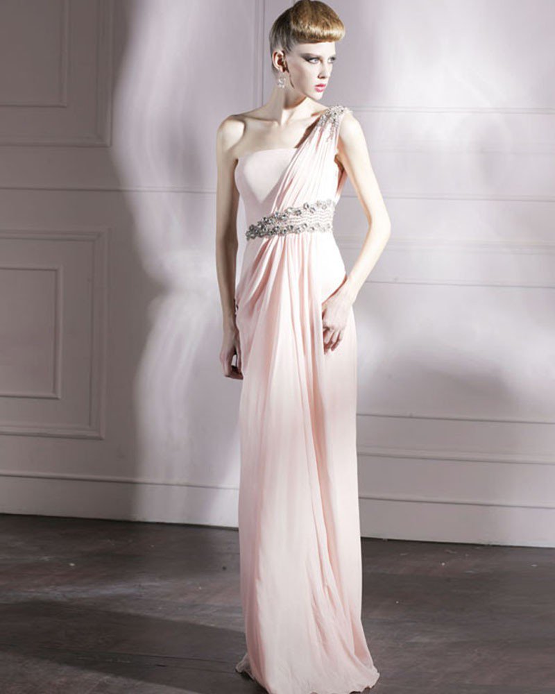 Cloth Charmeuse One Shoulder Neckline Bead Floor Length Evening Dress