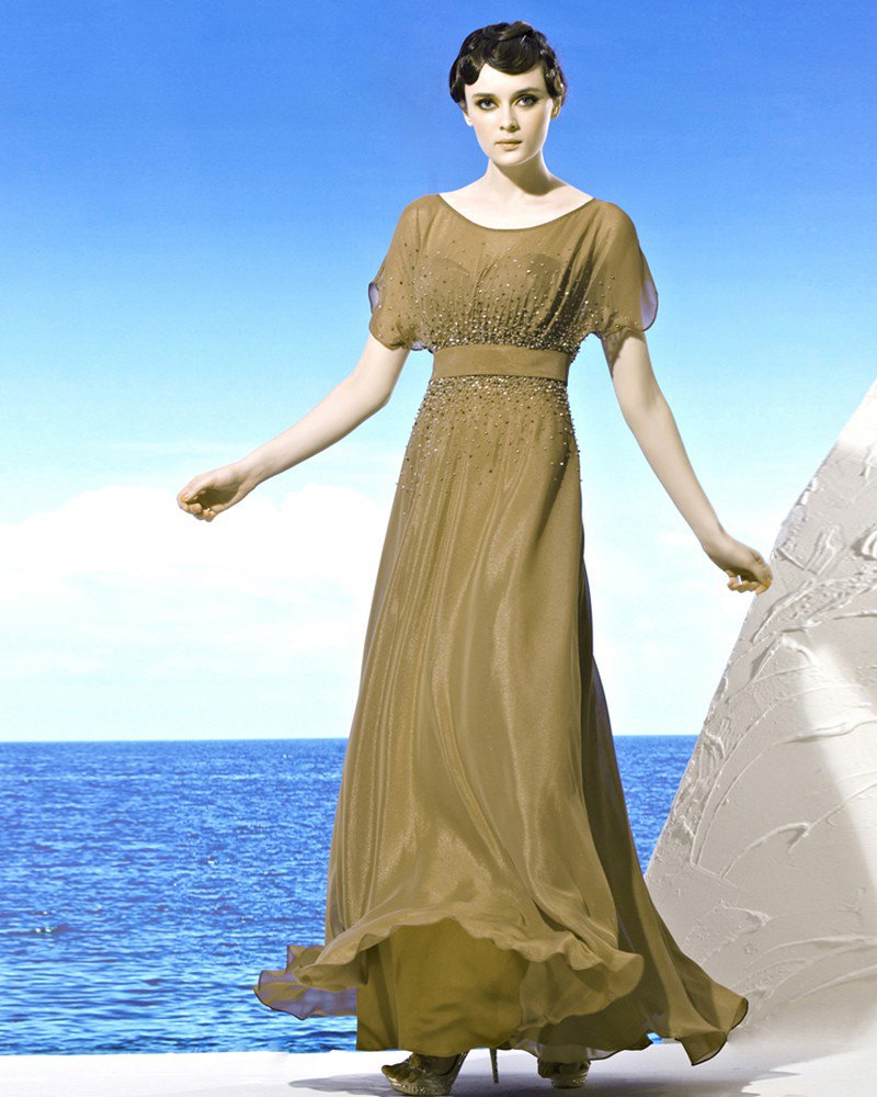 Round Neckline Petal Sleeve Floor Length Chiffon Beading Empire Woman Evening Dress