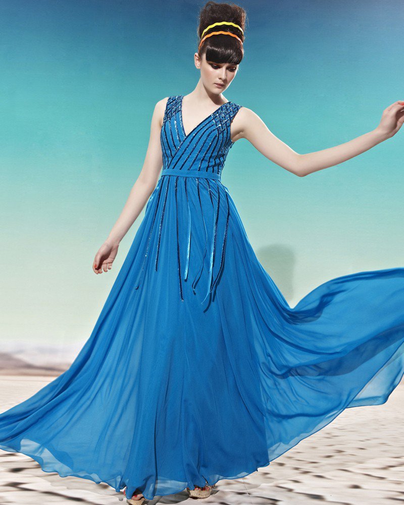 Floor Length Sleeveless V Neck Beading Tassels Tencle Empire Woman Evening Dress