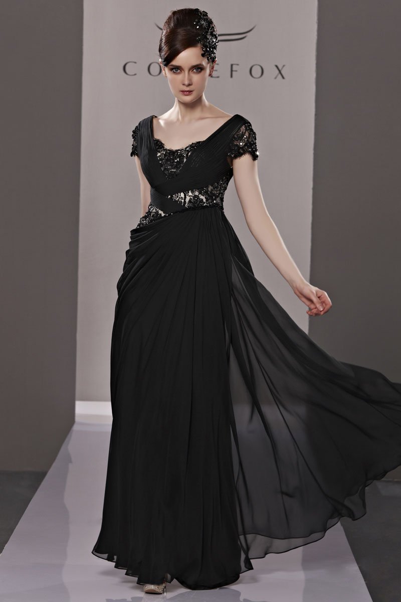 V Neck Beading Ruffle Short Sleeve Zipper Floor Length Tencel Woman Evening Dress