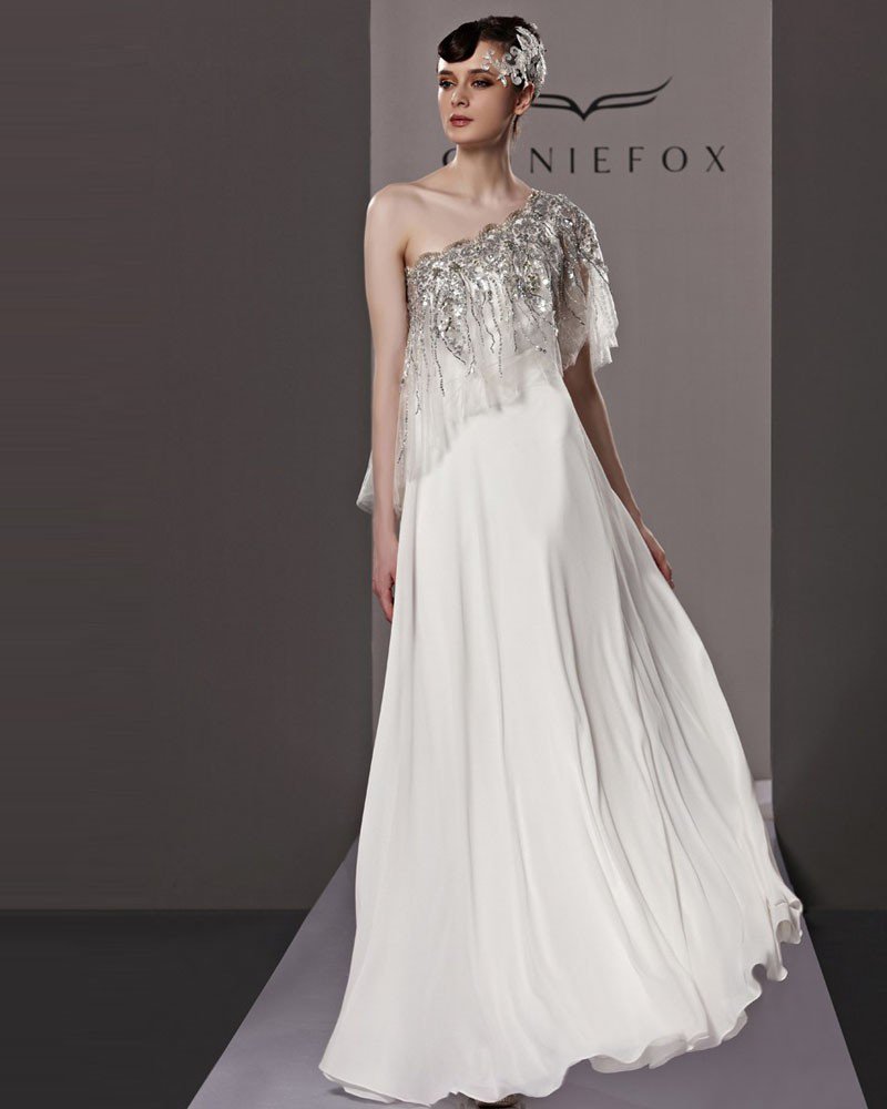 Fashion Sloping Floor Length Beading Chiffon Evening Dress