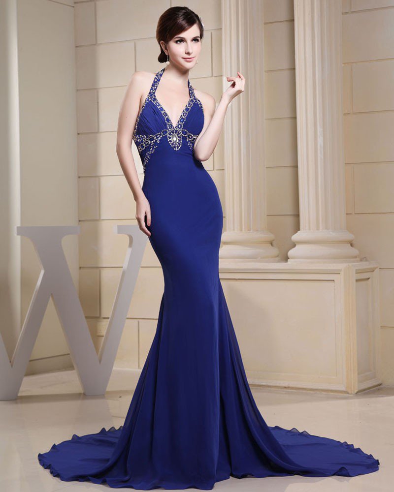 Fashion Chiffon Charmeuse Silk Beaded Halter V Neck Court Train Sleeveless Women Evening Dress
