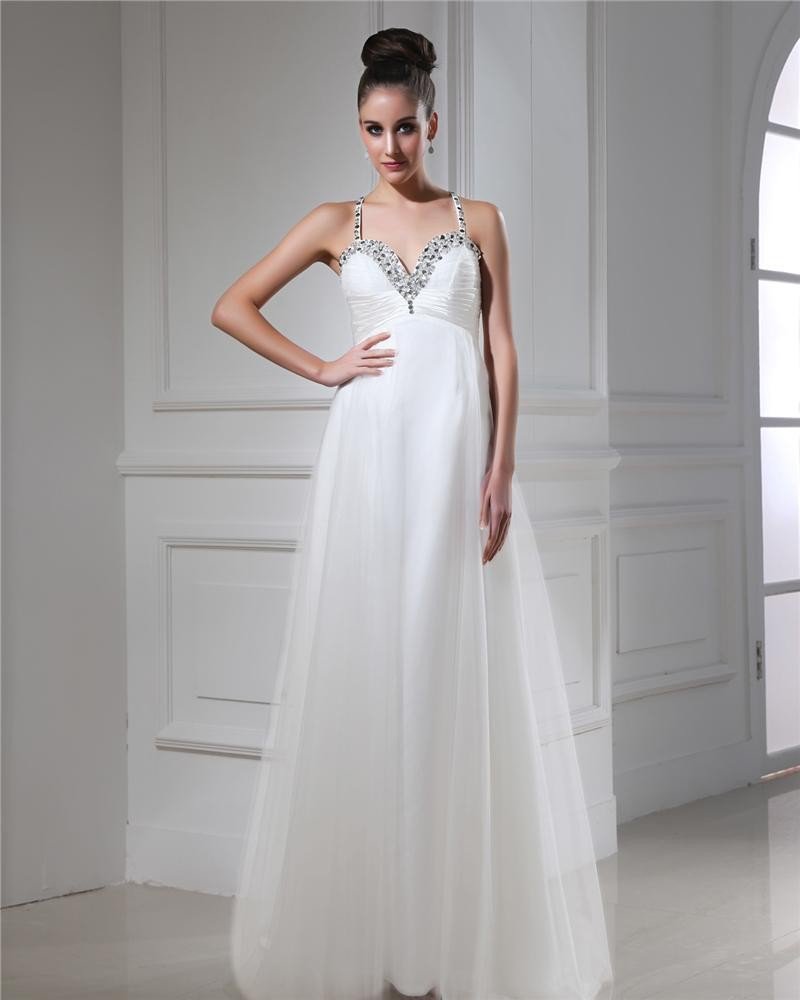 Spaghetti Strap Ruffle Tulle Ankle Length Evening Dresses
