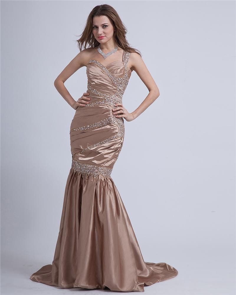 Taffeta Pleated Sweetheart One-Shoulder Floor Length Evening Dresses