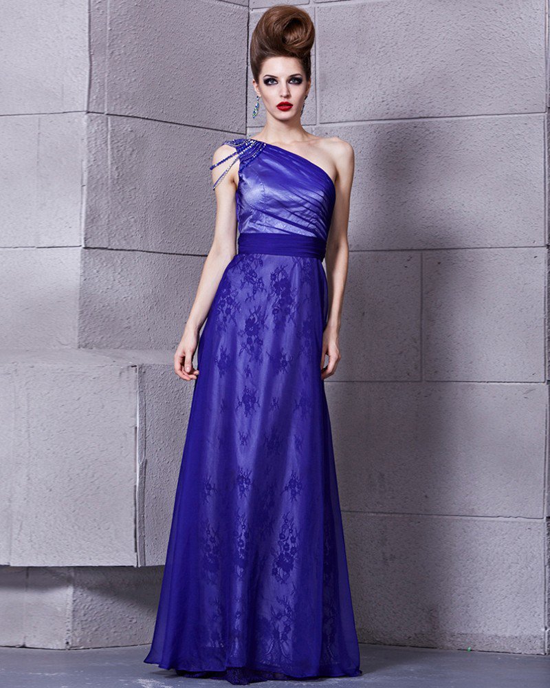 Fashion Tencel Charmeuse Beaded One Shoulder Sleeveless Floor Length Evening Dress