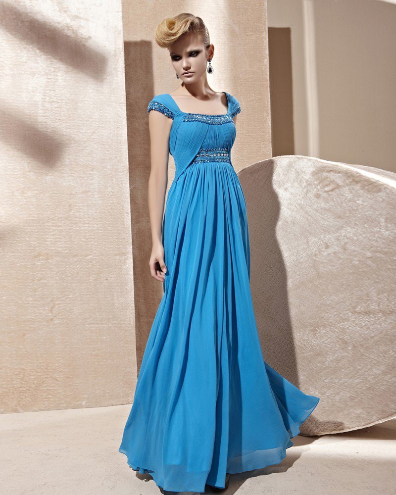 Square Collar Beading Ruffle Wrap Shoulder Sleeveless Zipper Floor Length Charmeuse Woman Evening Dr