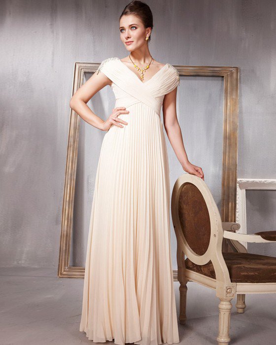 Beaded Pleated Chiffon Charmeuse V Neck Floor Length Evening Dresses