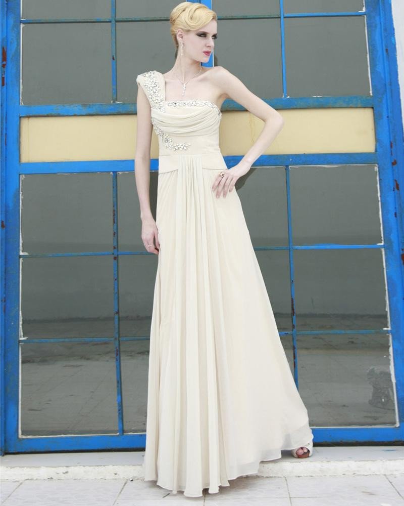 Silk Charmeuse Beading Pleated One Shoulder Floor Length Evening Dresses